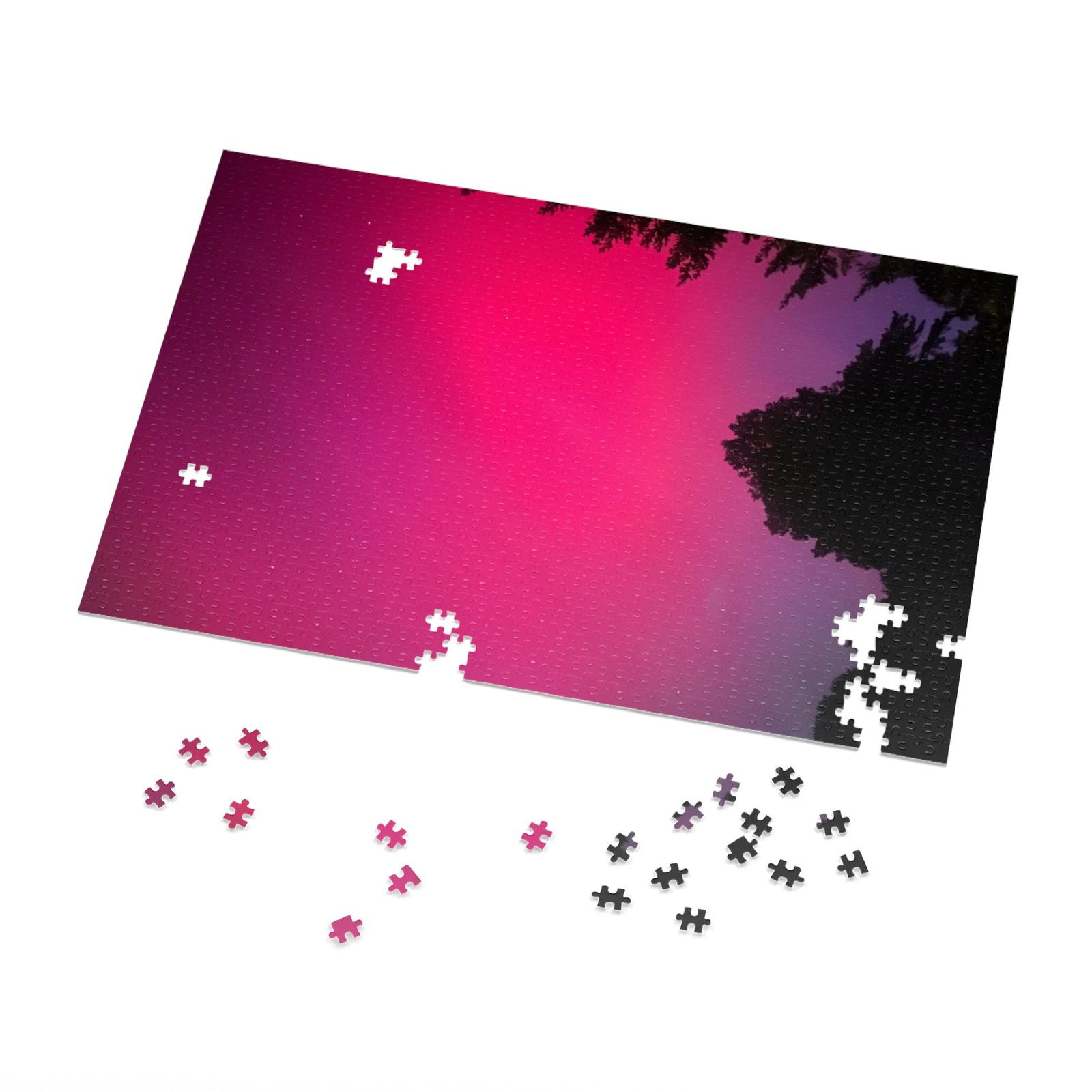 Jigsaw Puzzle 1000-Piece Fuchia Northern Lights Silhouetted by Pine Trees Maine Art Photos - Image 3
